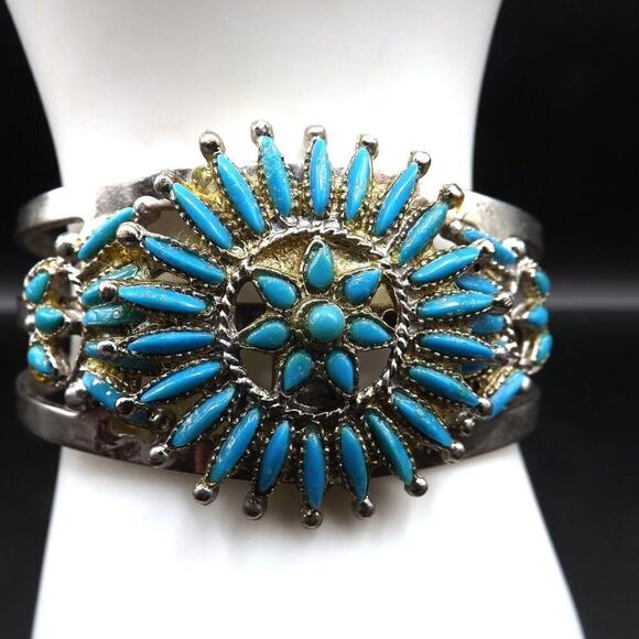 Vintage Faux Turquoise Silver Tone Cuff Bracelet, Southwestern, 5 1/2 Inches - Picture 1 of 6